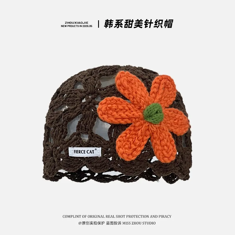Korean Handmade Crochet Flower Cut-out Pullover Hat Women's Summer Thin Breathable Knit Hats Sweet Short Brim Beanie Caps 3