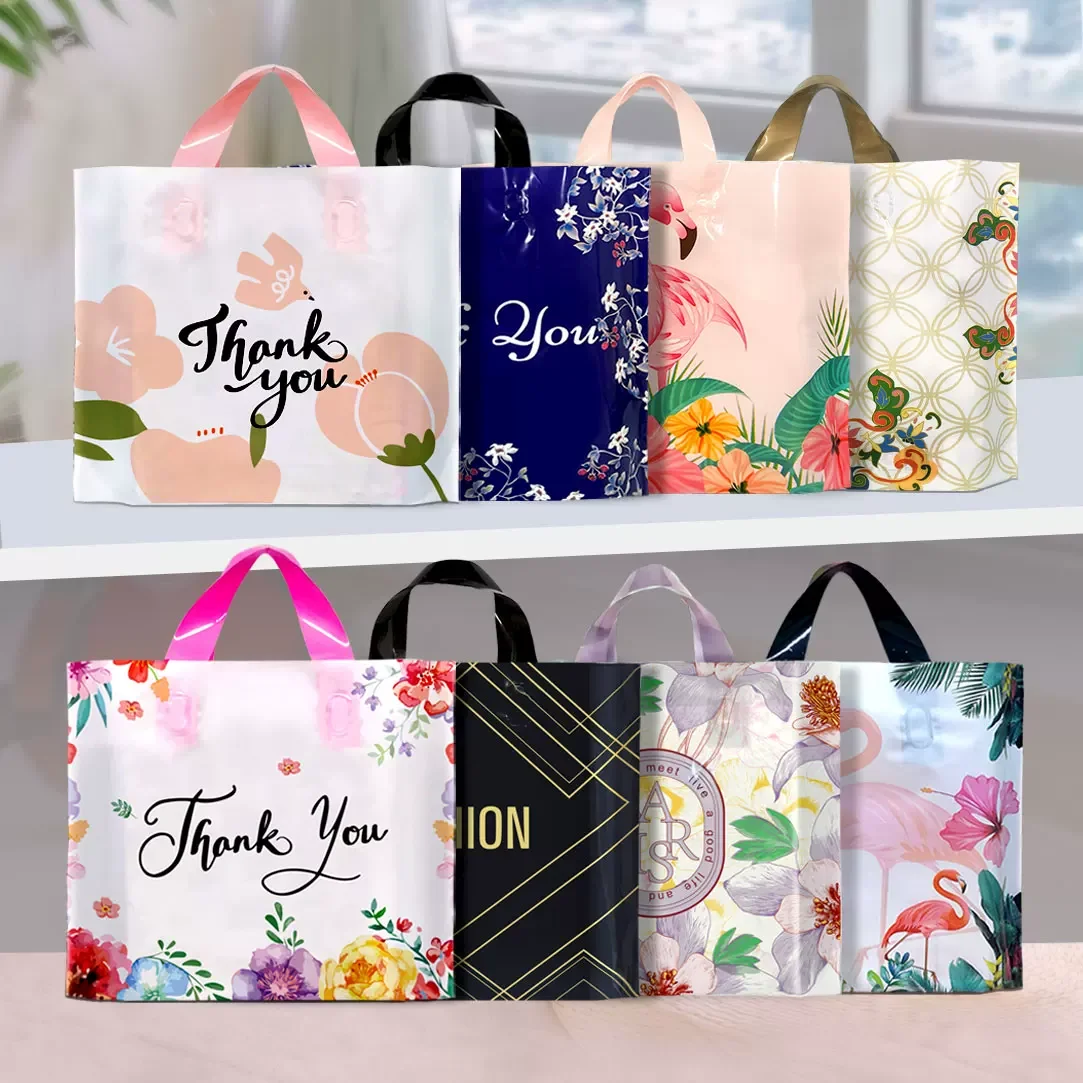 50 Stück Plastiktüten mit Dankeschön-Logo für Kleidung, Geschenkverpackung, Einkaufstüten, Verpackungstüten für Feiertage und Partys – Detail 1