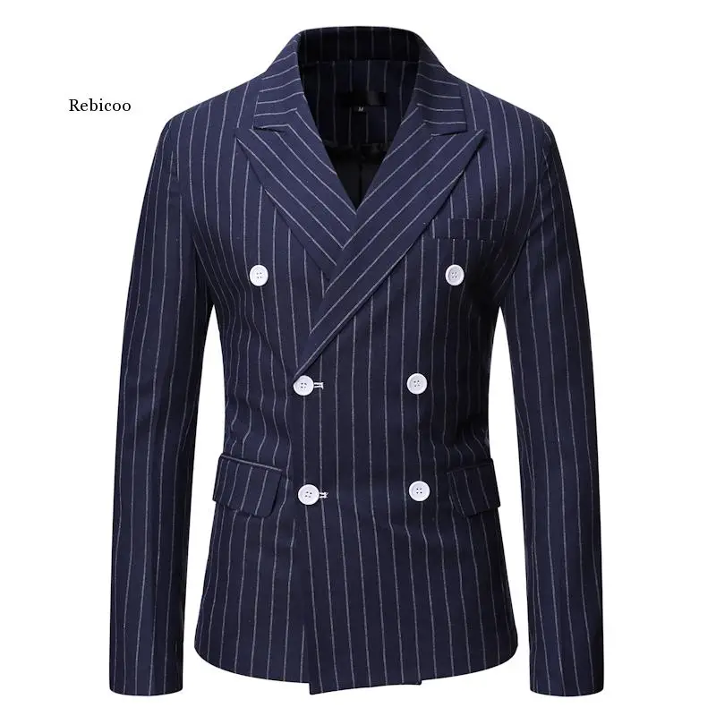 Black Striped Men Blazer Fashion Double Breasted Mens Suit Jacket Coats Casual Business Tuexdo Costume