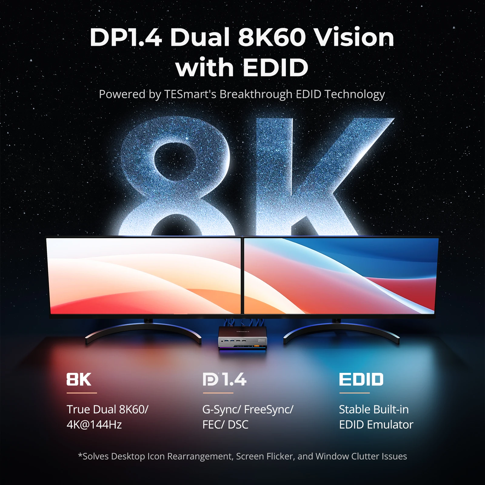 DP 1.4 Dual 8K 60Hz KVM Switch for 2 PCs & 2 Monitors Support Drag-and-Drop File Share Built-in Gigabit Network