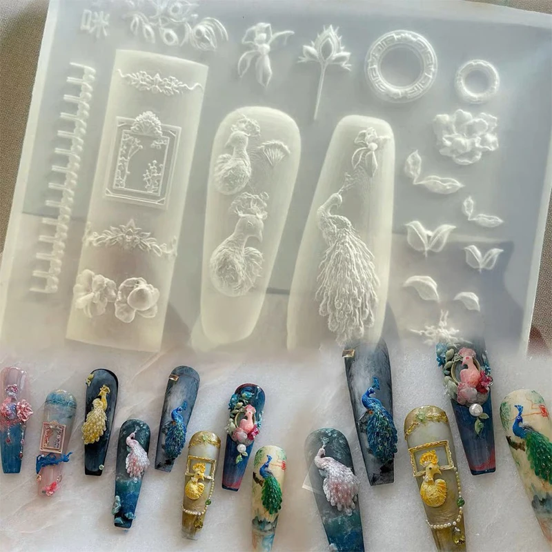 Mold Silicone Nail Art Decorations DIY Nail Mold Peafowl Shape Photo Frame Chinese Style Stereoscopic Stamping Plate Nail Seal