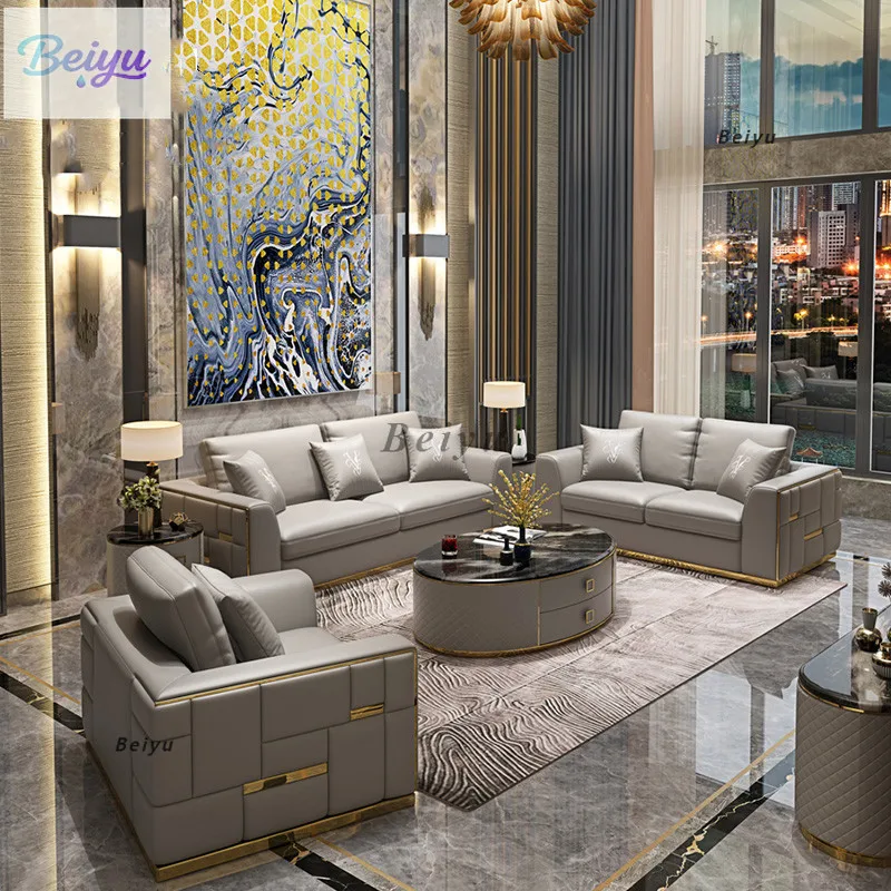 

Italian light luxury living room high-end combination leather sofa villa size luxury furniture leather art American sofa
