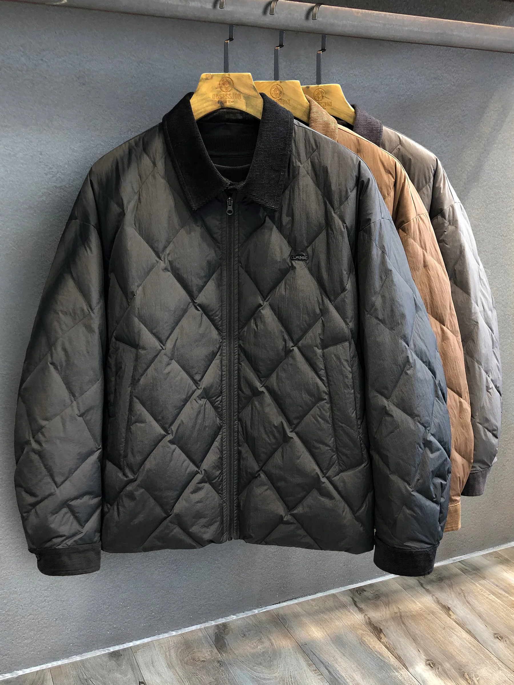 

Мужская зимняя куртка с ромбовидным узором в стиле ретро, теплая, с воротником, на пуху, новая, повседневная, из нейлоновой ткани