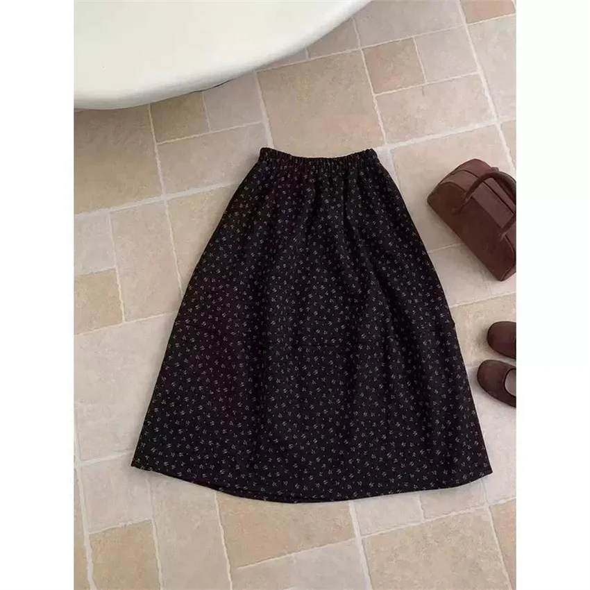 Gowyimmes New Autumn Winter Big Size Women Flower Print Skirt Elegant Vintage Lady High Waist A-line Bud Skirts Bottomings 1882
