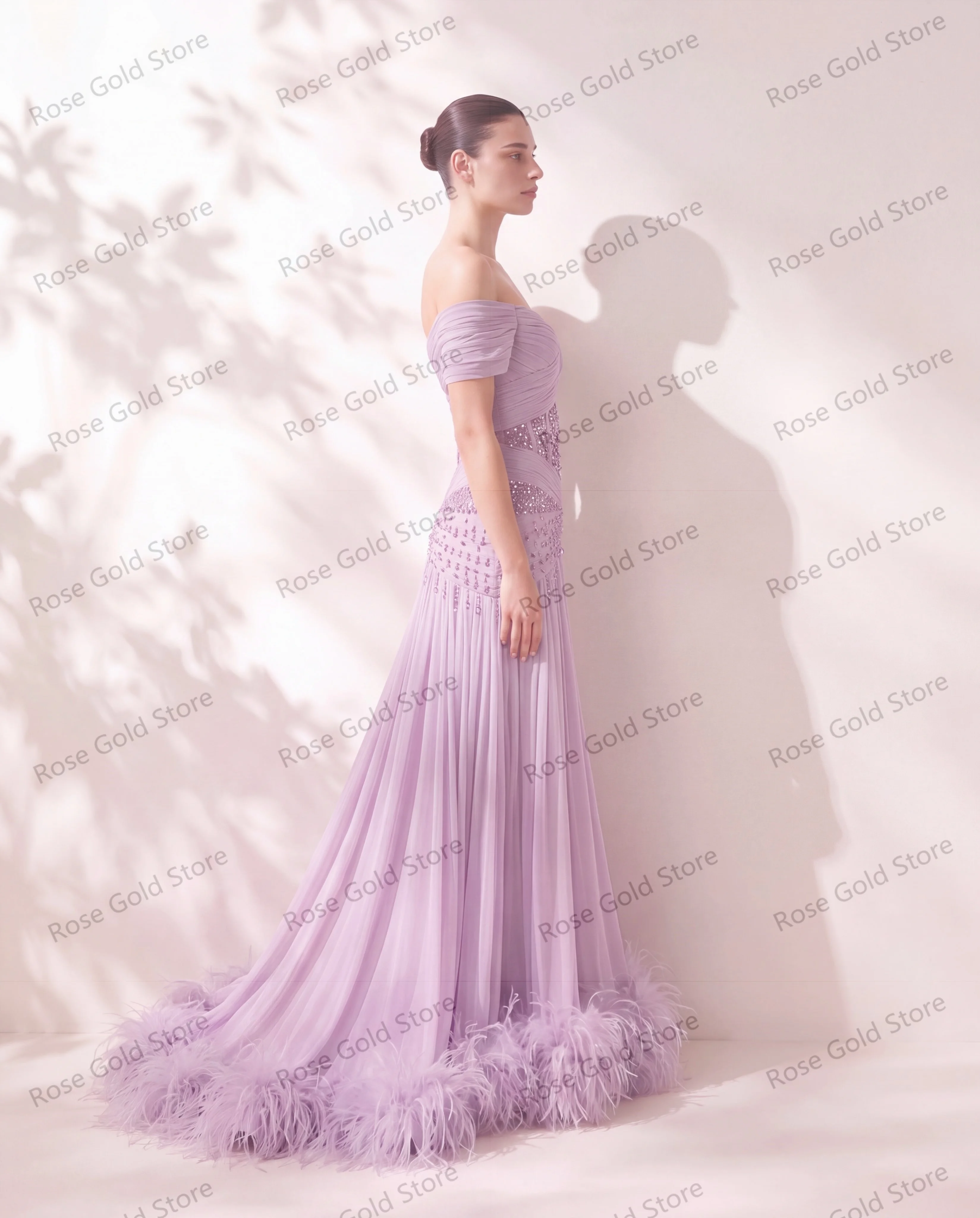 Off the Shoulder Evening Dresses Floor Length Feathers Beading Party Dress Plus Size Pleated Prom Gown Vestidos Customized