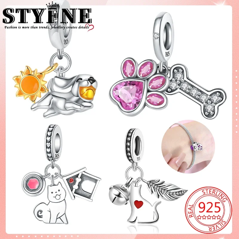 Animals Pets Beads 925 Sterling Silver Drip Magic Hat Sun Puppy Kitten Play Ball Pink Moe Paw Bone Charms Bracelets Jewelry Gift