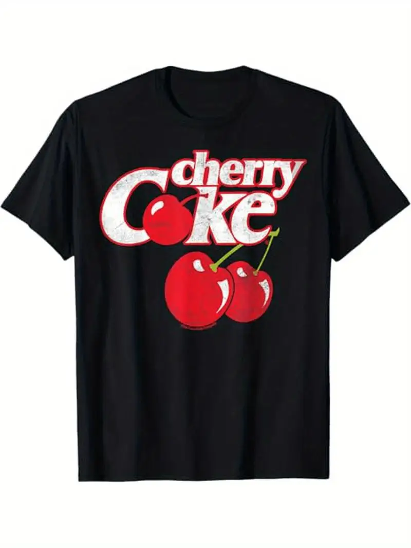 Men's & Women's Cherry Cola Logo T-Shirt - Casual Short Sleeve Round Neck Tee with Iconic Red & White Print, S-XXXL Sizes, Black Suitable for Holiday Gifts, Casual Attire, Machine Washable for -