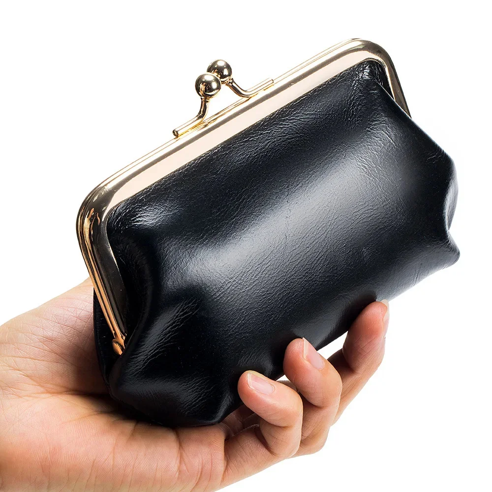 Genuine Wallet Women's Multi-card Slot Card Holder Women Oil Wax Leather Brand Metal Frame Mini Coin Purse with Key Ring