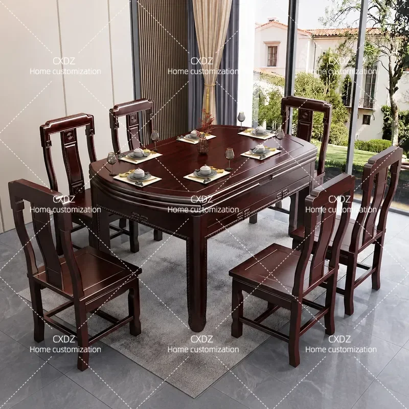 Antique Carved Wooden Dining Table with Turntable Large Round Table Solid Wood Furniture for Home Restaurant