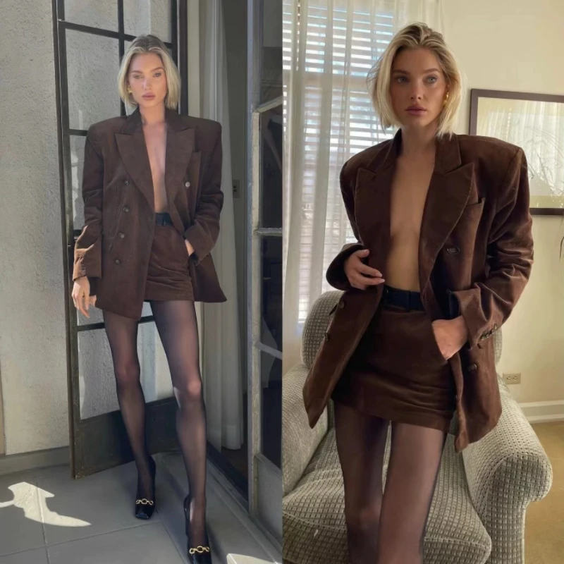 Autumn Winter Coffee Color Corduroy Suit Jaet And  Skirt Set Women's Busin Casual Sle Long Sve Double Breasted