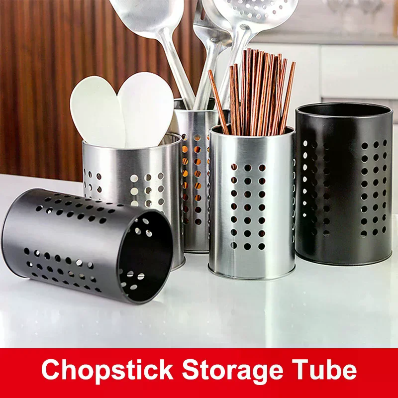 Stainless Steel Chopsticks Tube Tableware Bucket High-Capacity Kitchen Utensils Storage Round Hole Hollowed Out Drain Tube