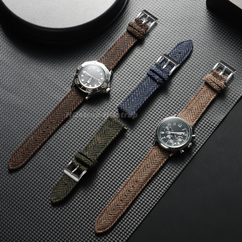 Vintage Genuine Leather Tweed Nylon Watch Band 18mm 20mm 22mm for Omega Weave Bracelet for Seiko Strap Quick Release Wristband view 6