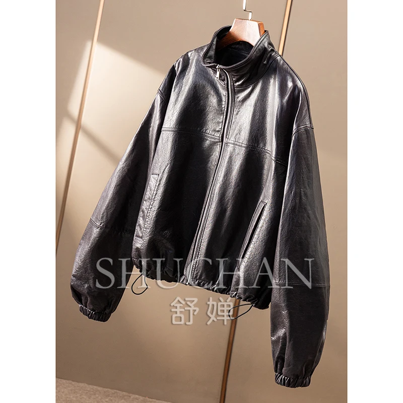 Lusso di qualità, giacca in pelle con colletto rialzato in pelle di pecora modello Illy Lychee da donna 84B1 Giacca in vera pelle da donna