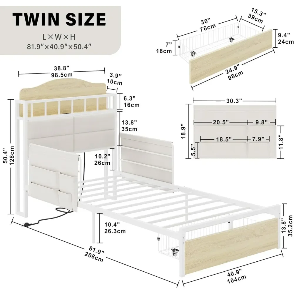 Twin Bed Frame with Guardrail & Bedside Caddy,Multifunctional Headboard with Charging Station,Metal Platform Bed, White