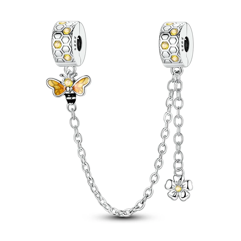 

925 sterling silver bee honeycomb fixed clip safety chain beads compatible with original necklace bracelet DIY gift for ladies