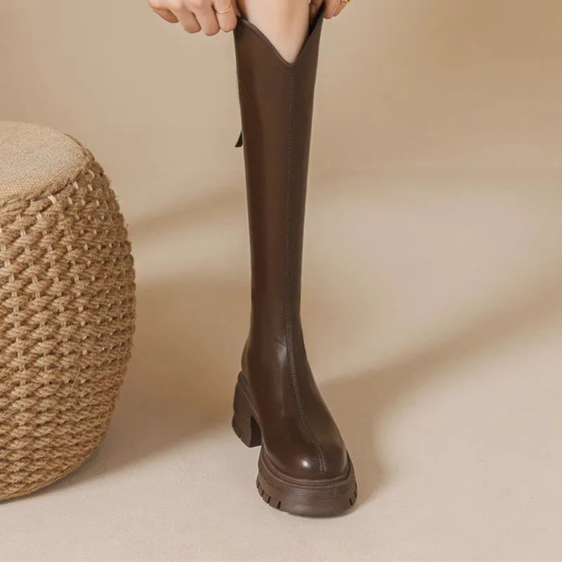 Winter heightening knight Knee High boots thick heel retro boots versatile women's shoes plus velvet Heels boots  Largas De Muje