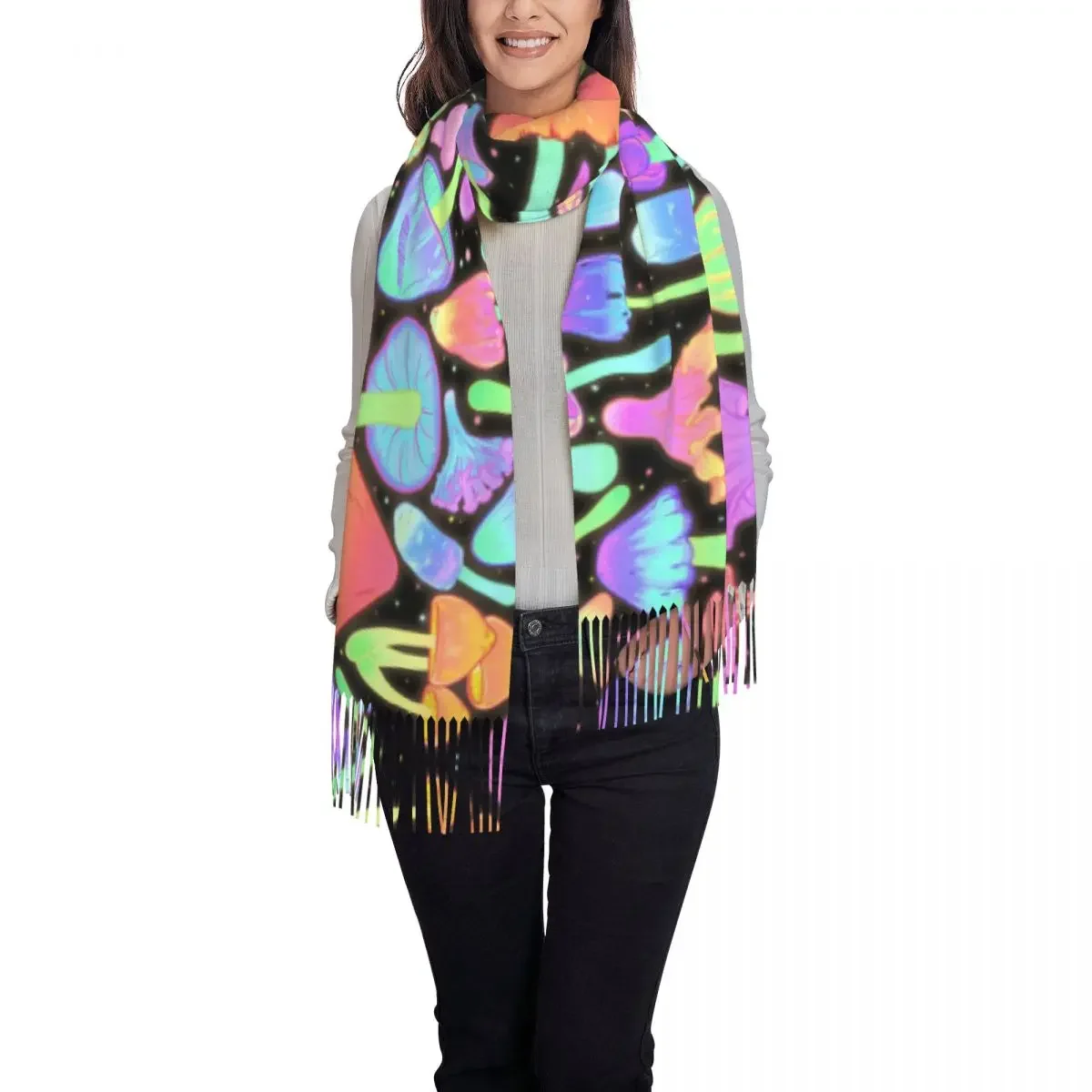 Spooky Mushroom Hunt Neon Scarf Women Men Luxury Winter Shawl Wraps Psychedelic Magic Tassel 