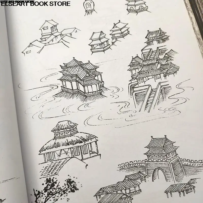 Traditional landscape paintingscenery collection Pavilion boat trestle residential illustration wood carving  design book