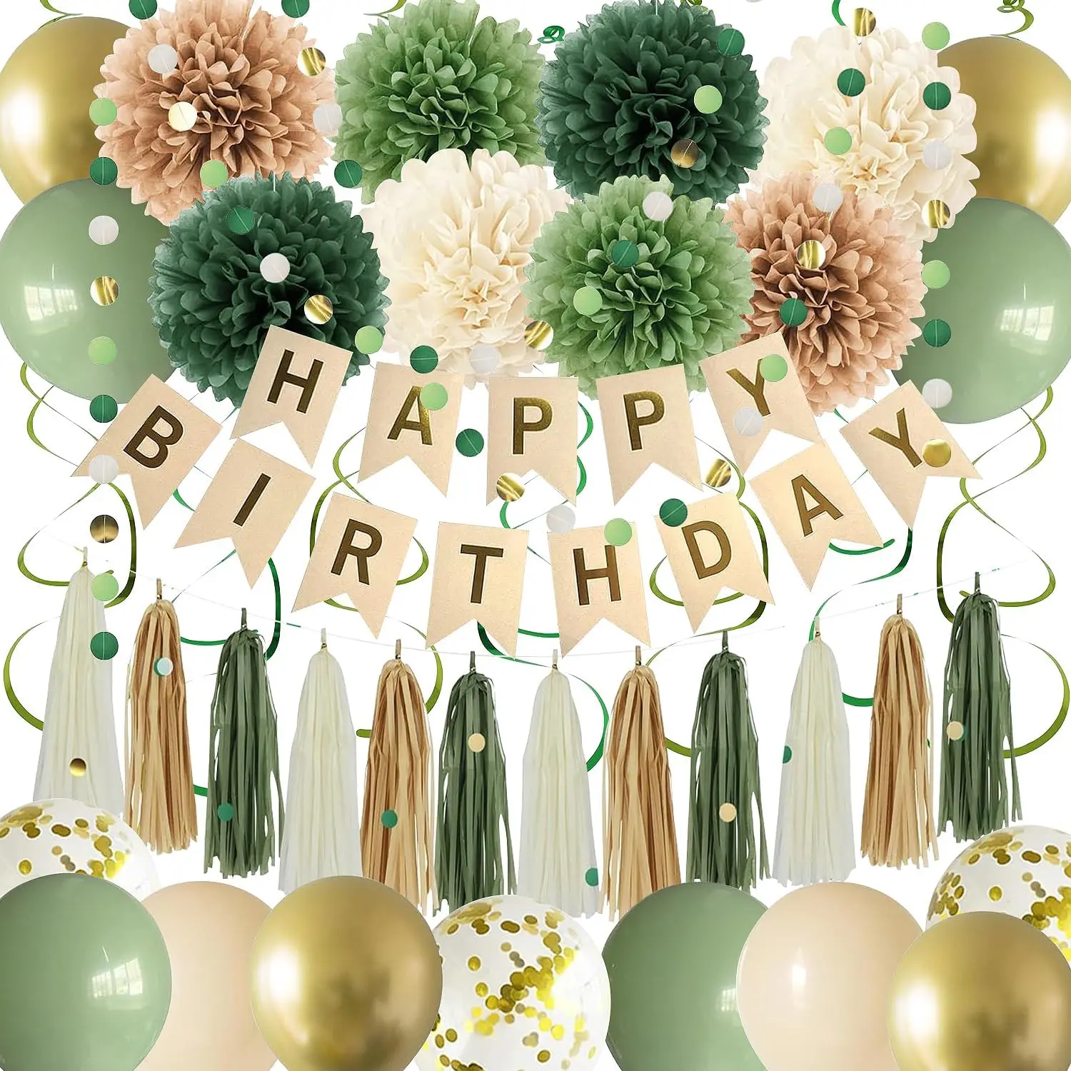 Decoraciones de Fiesta de Cumpleaños en Verde Salvia para Mujeres y Niñas - Pancarta de Feliz Cumpleaños, Pompones de Papel, Borlas de Papel, Guirnalda Circular