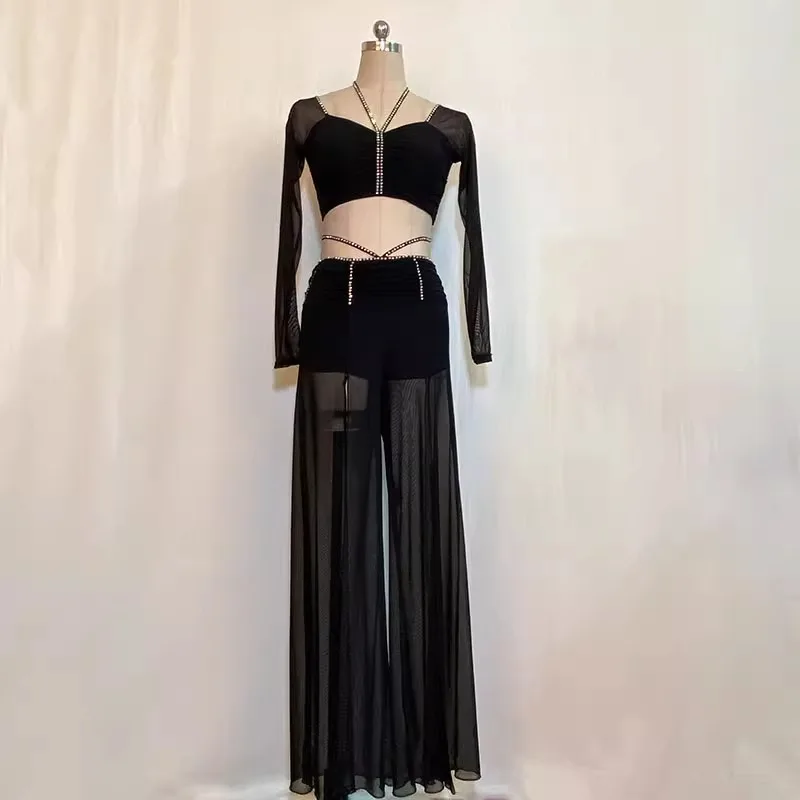

Customized Belly Dance Practice Top Pants Set Women's Temperament Hot Diamond Double Fork Show Leg Length Performance Clothing
