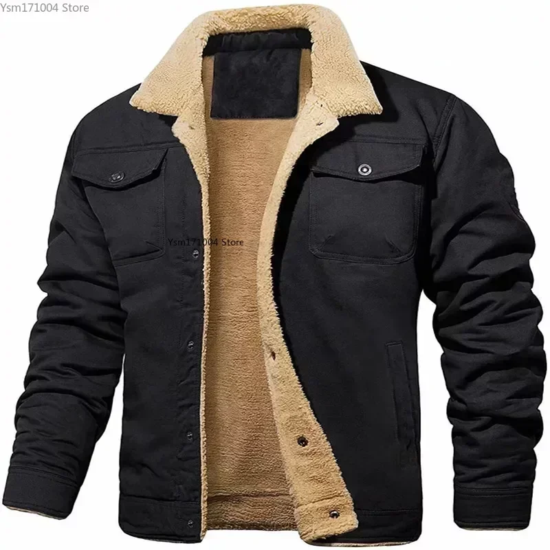 Winter Men's Bomber Jacket Lapel Solid Color Thick Warm Cargo Jacket High-quality Male Plush Thicken Wool Coats 3XL Men Clothing