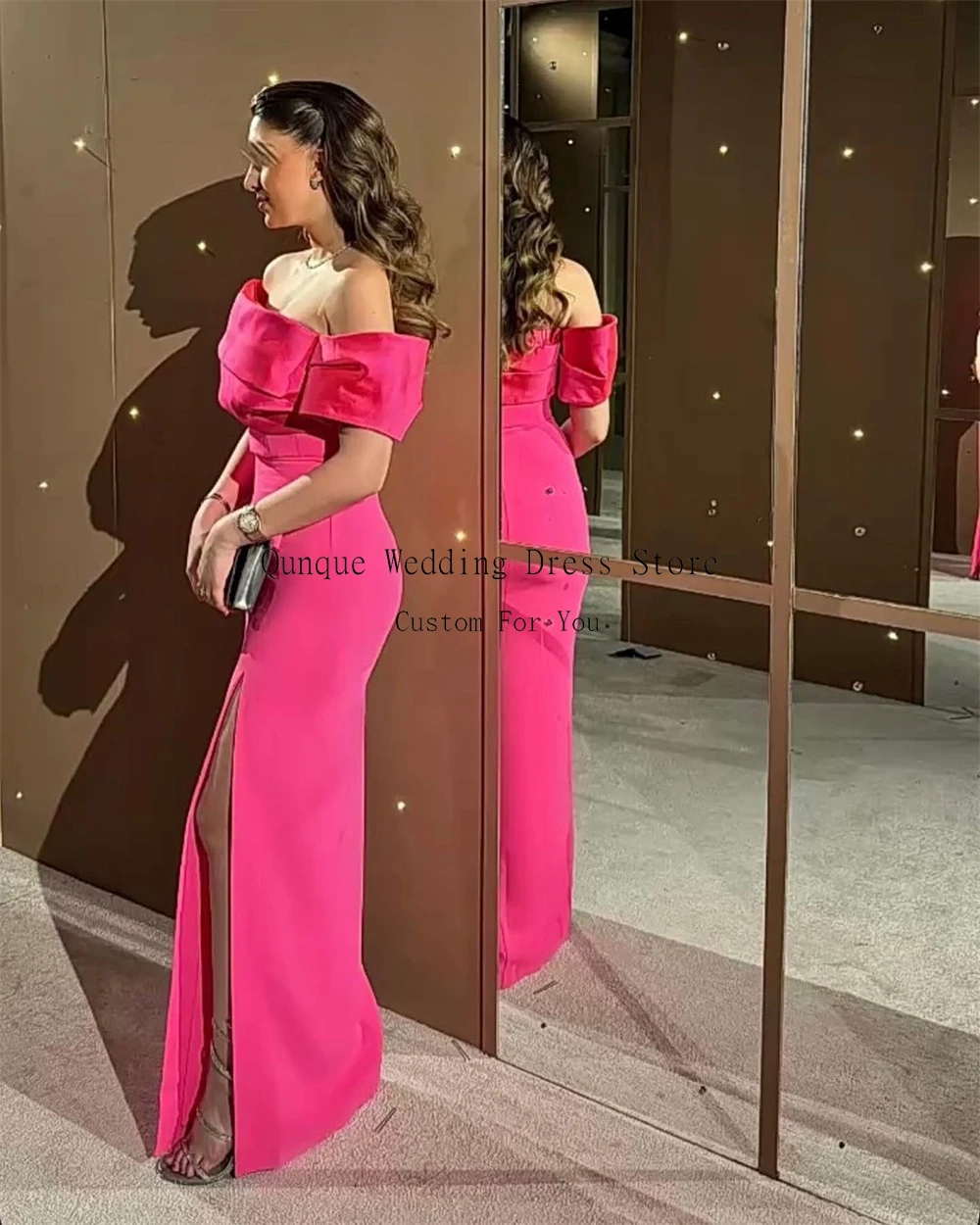 Qunque Dubai Evening Dresses For Women Hot Pink Off The Shoulder Elegant Prom Gowns Customized Split Formal Party Dress Event