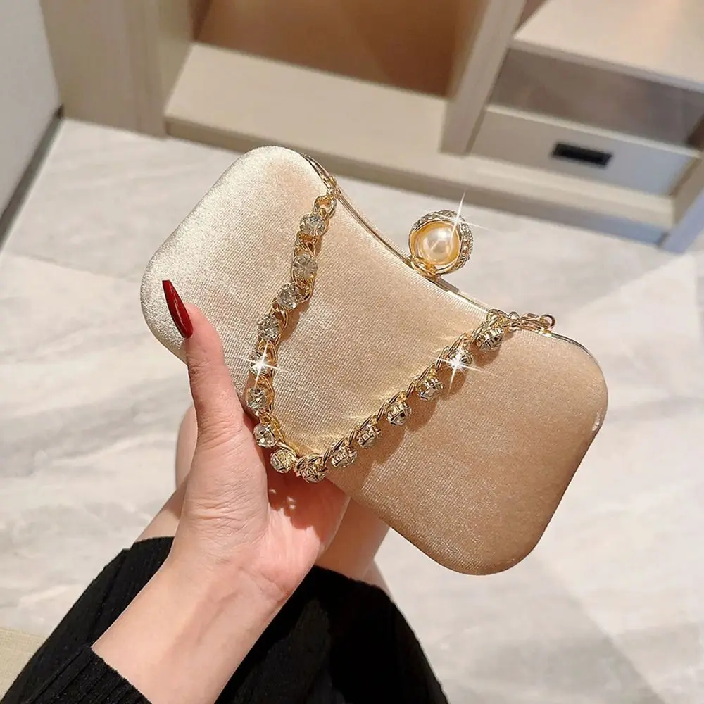 Gold Velvet Evening Bag Fashion French Vintage Pearl Chain Shoulder Bags Banquet Clutch Wedding Party