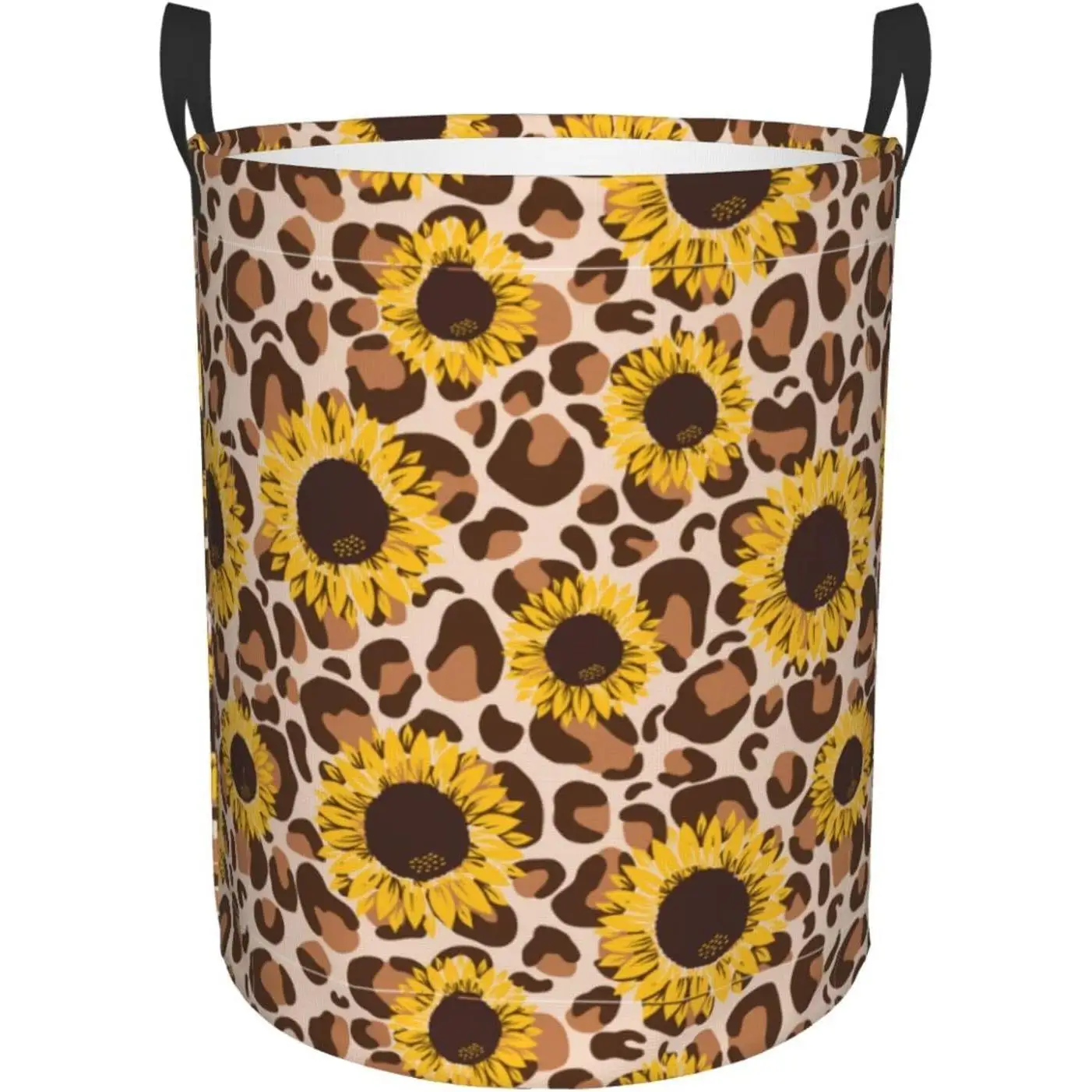 yellow sunflowers yellow with leopard print Hamper Round Dirty Clothes Basket Circular Laundry Bag Storage basket