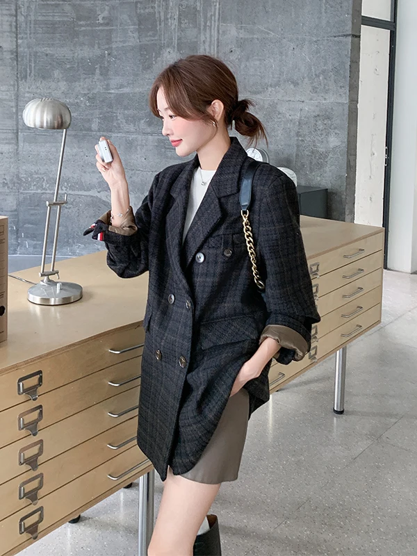 

Ele ort Plaid Woolen Suit Jaet Women's Autumn Winter Faion Casual Stand Fit Thiened Long Sve Double Breasted