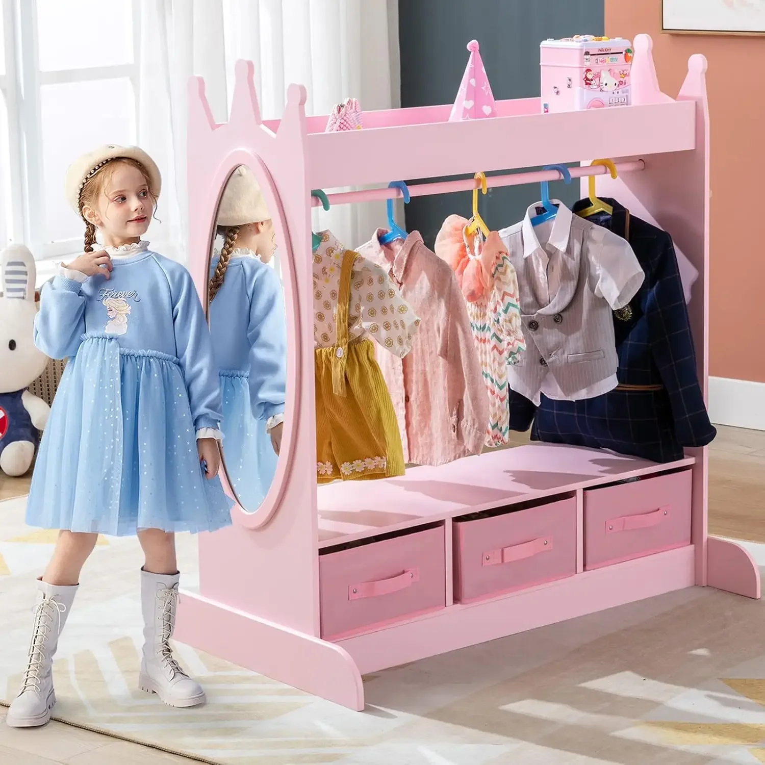 Kids Armoire Dress-Up Storage w/Mirror and Drawers,Dress up Closet,Costume Dress up Wardrobe, Pretend Storage Closet