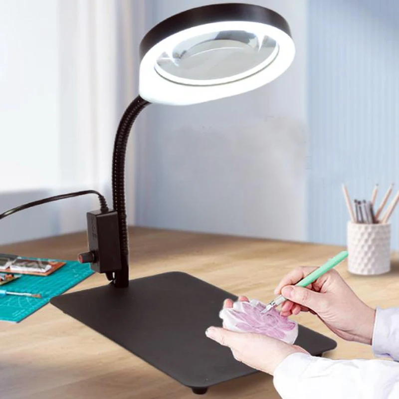 Portable New Lighted Magnifier Desk Table Top Desk LED Lamp Reading 125mm 10X 25mm 20X Large Lens Magnifying Glass with LED Lamp