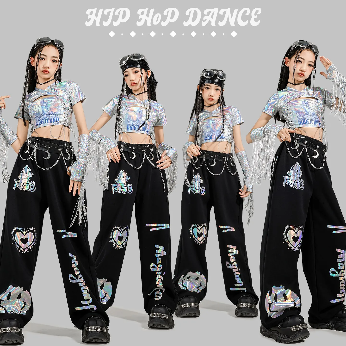 

2025 детские танцевальные костюмы в стиле хип-хоп для девочек, серебряные топы, светоотражающие штаны, современная одежда для джазовых выступлений, DQS20117