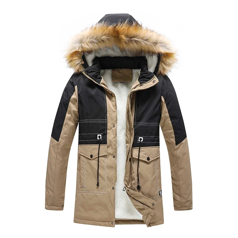 wholesale outdoor Men's winter coat cotton-padded jacket medium length thick lambkin workwear big wool collar