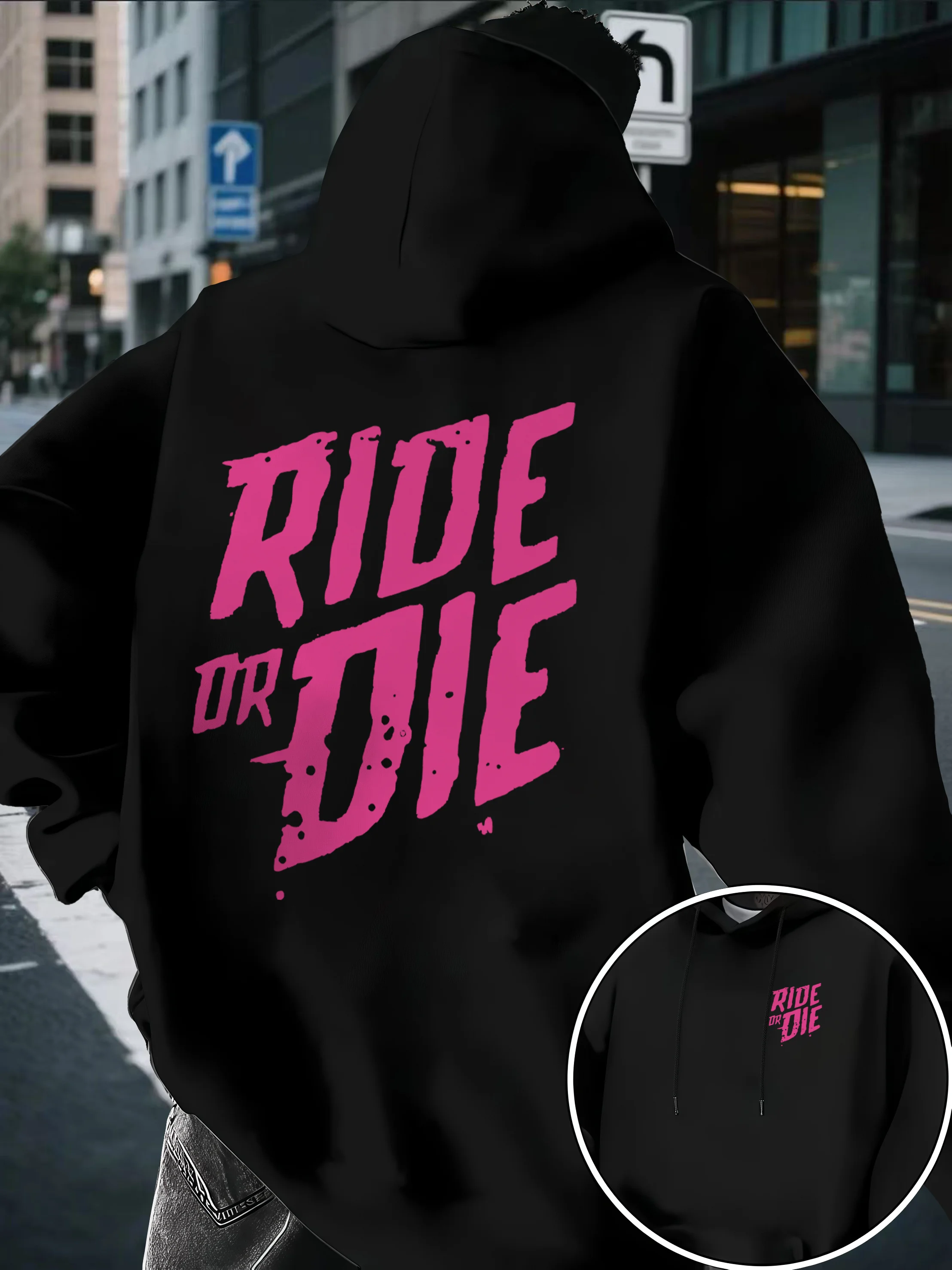 Hip-hop street style men's hooded sweatshirt - distressed bold letter graphic print, loose and casual, simple design