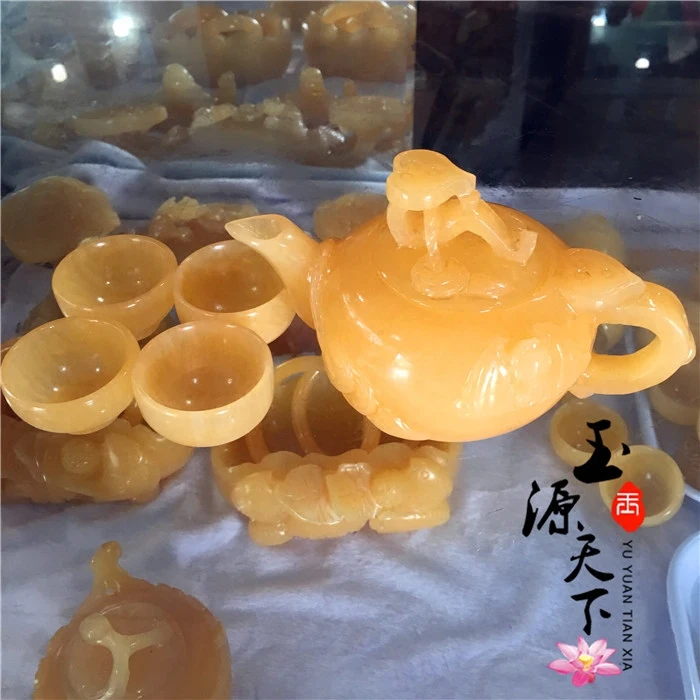 

Authentic natural yellow jade tea set, large size Ruyi jade wine set, tea pot set, ornament, Kung Fu jade tea cup, wine cup