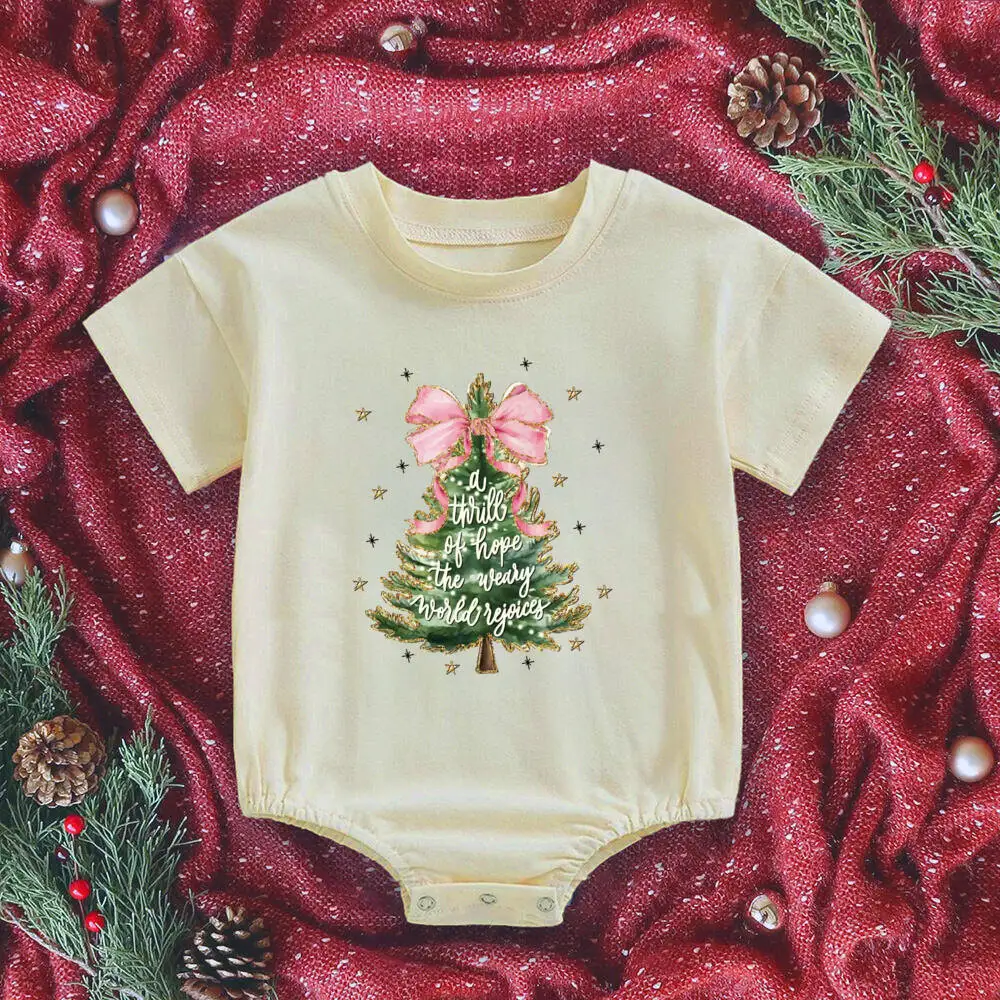 Christmas Tree Printed Baby Bubble Romper Christmas Vibes Newborn Large Bodysuit Xmas Party Outfit Infant Short Sleeve Jumpsuit