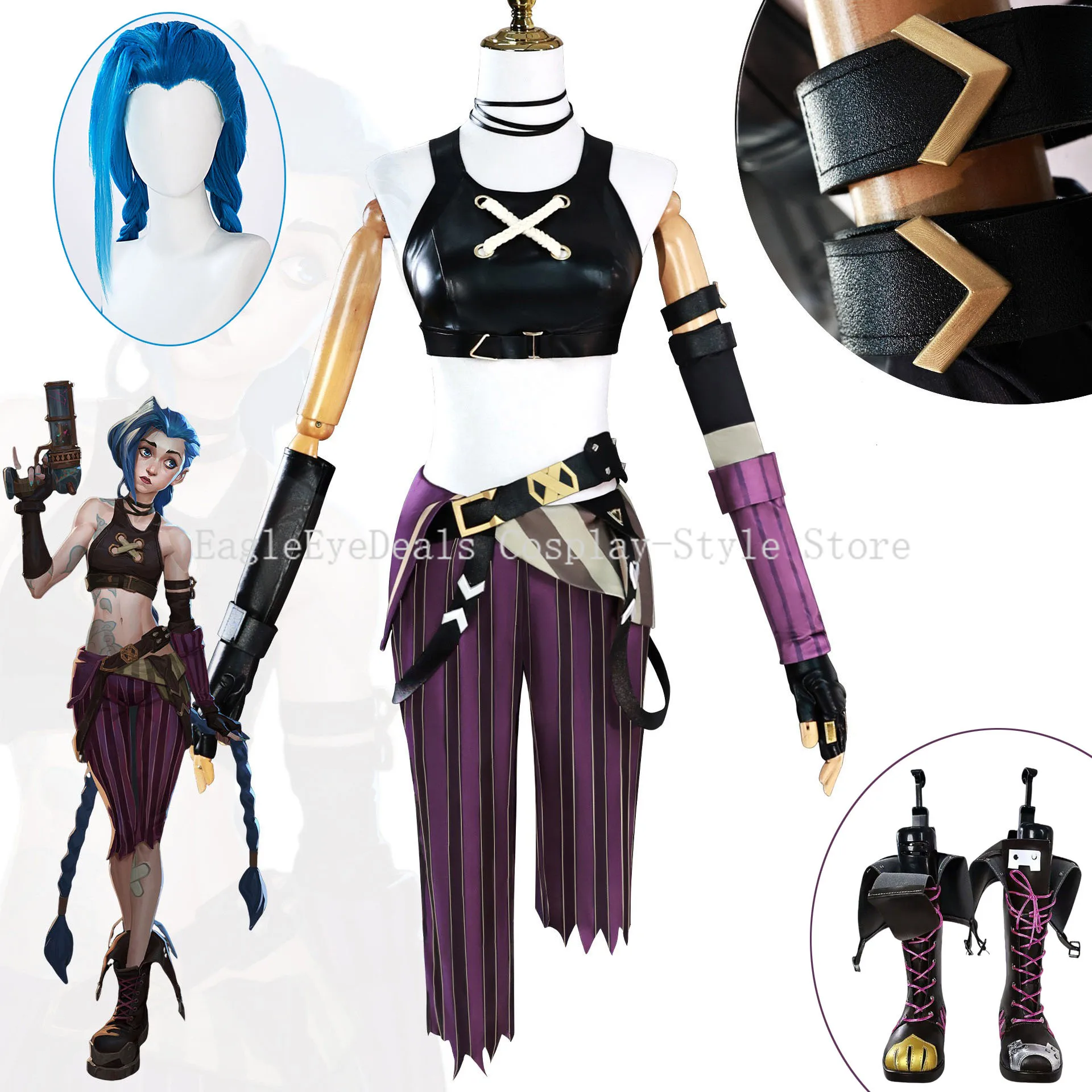 

LOL Arcane：League of Legends Jinx Cosplay Costume Full Set Accessories Outfit Wig Shoes Carnival Halloween Uniform Women Adult
