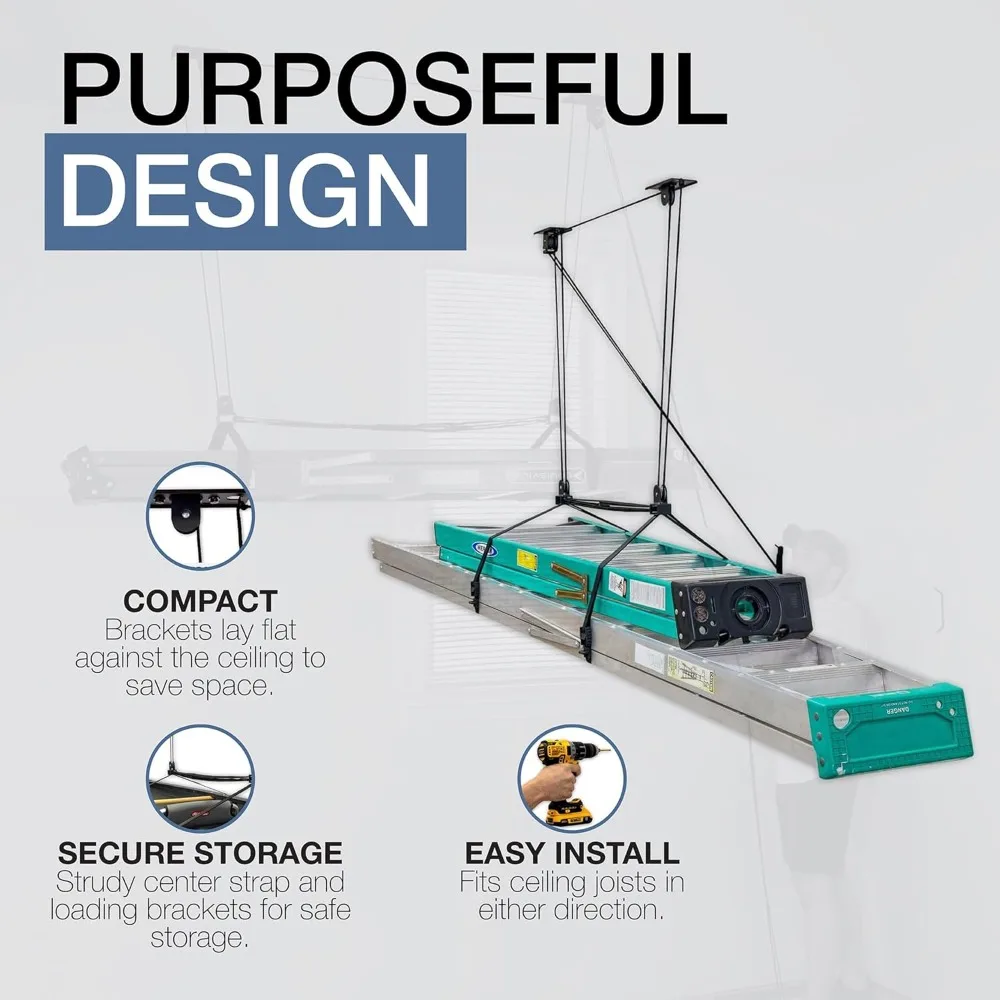 نظام بكرة سقف تخزين السلم، رافعة تثبيت على المرآب، منظم تعليق عالي التحمل يحمل 150 رطلاً - جديد تمامًا