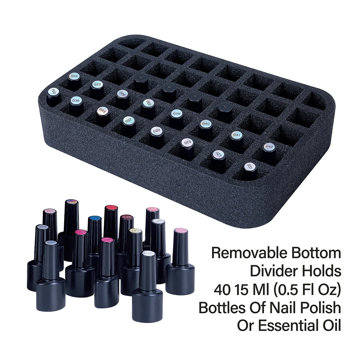 40 Slot Foam Pad Removable Bottom Divider Holds 40 Bottle15 Ml (0.5 FI.Oz）Bottles Of Nail PolishOr Essential Oil