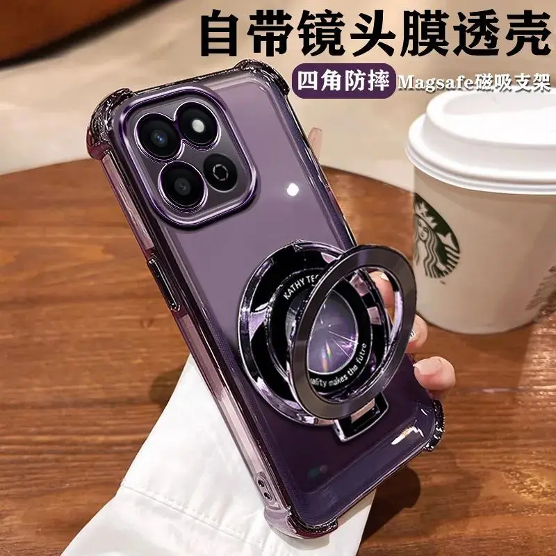 Case For Honor X6C Luxury Magnetic Holder Electroplated Airbag TPU Anti-fall Soft Cover For Huawei Honor X6C Shockproof Bumper