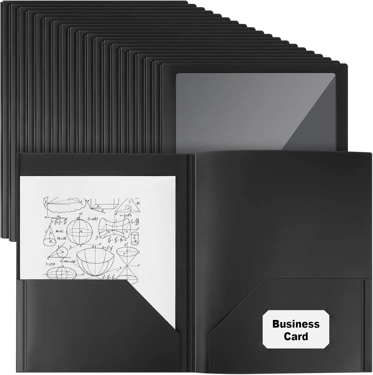 

48 Pack Plastic Folders with Clear Pockets and Business Card Holder, 2-Pocket for Letter Size, School Office Supplies (Black)