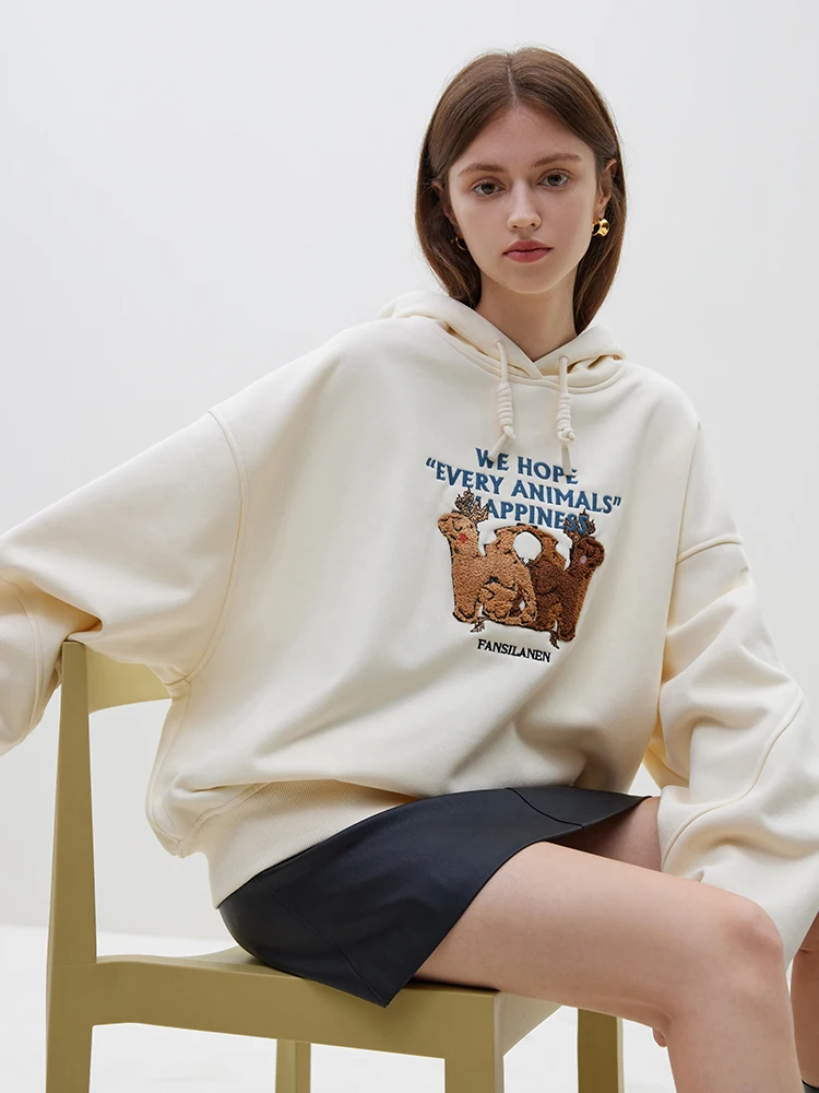 FSLE All-match Thickened Hooded Sweatshirt for Women 2023 Winter Newly Three-dimensional Toothbrush Embroidered Pullover Female