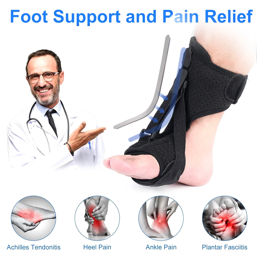 BOTQTOW Plantar Fasciitis Night Splint & AFO Drop Foot Brace - Adjustable 3-Strap Orthotic for Achilles Tendonitis, Heel Pain Re