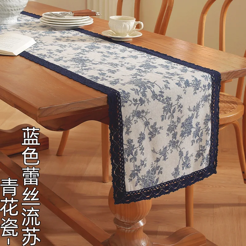 Retro Blue and White Porcelain Cotton and Linen Table Runner Dining Table Sideboards Shoe Cabinets Dust-proof Cover Tablecloth