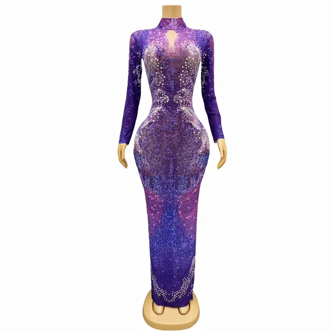 Shiny Purple Diamonds Mesh Red Carpet Evening Gown Dinner Dress Fashion Crystals Birthday Party Prom Dress Singer Stage Costumes