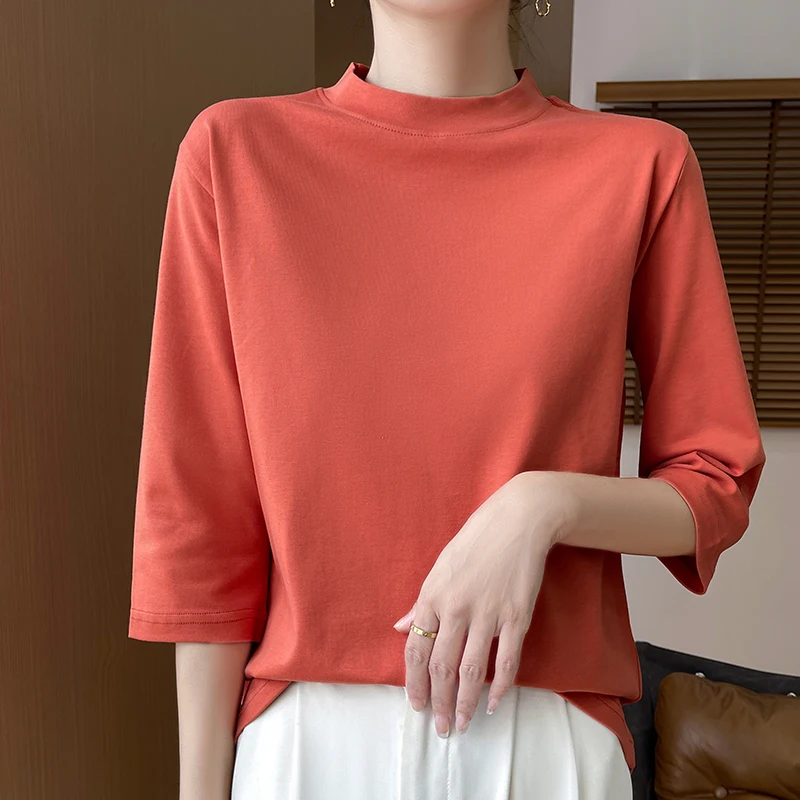 

Summer and Autumn New 100% Cotton T-shirt Women's Semi-High-Necked Cropped Sleeves Loose Solid Color Bottoming Top