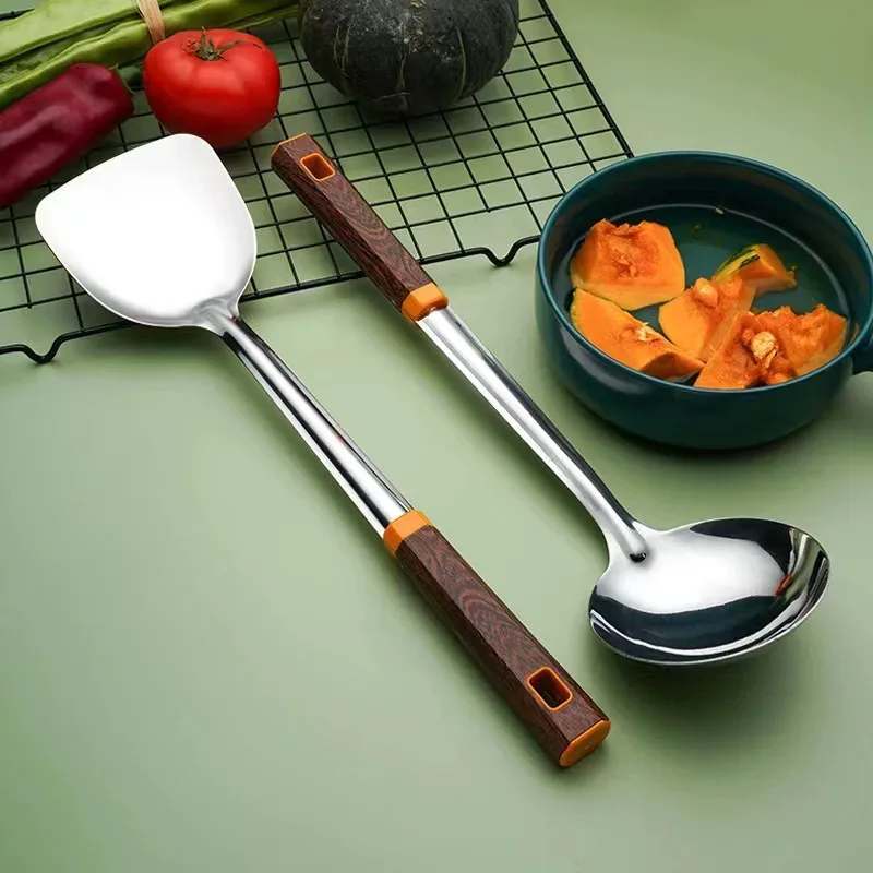 Kochutensilien, Edelstahl, Retro-Design, Holzgriff, Spatel und Suppenlöffel, 2-teiliges Set, Breilöffel, Kochspatel, Haushalts-Küchenutensilien mit langem Griff, Spatel und Löffel, 2 Stück.