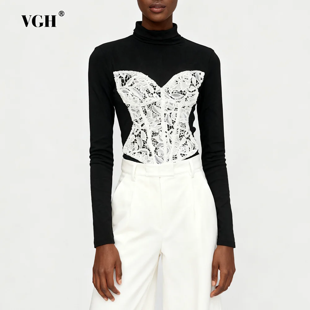 

VGH Hit Color Slimming Spliced Lace Design Sense футболки для женщин с круглым вырезом и длинным рукавом осенняя темпераментная футболка женская новинка
