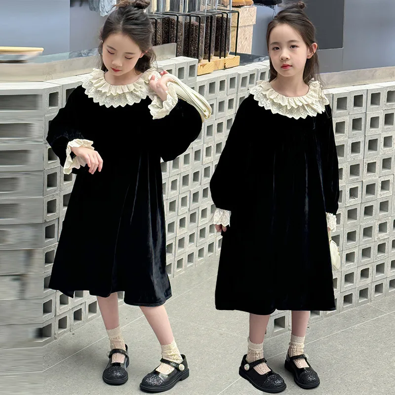 

Осень 2024, детское платье для девочек, кружевное детское платье с воротником Питера Пэна для девочек, лоскутное повседневное цельное платье с длинными рукавами для маленьких девочек