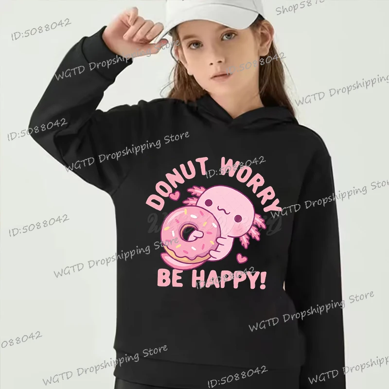 Cute Axolotl Donut Worry Be Happy Funny Print Hoodies Boys Girls Fashion Y2K Sudaderas Cartoon Axolotl Hoody Children's Clothing